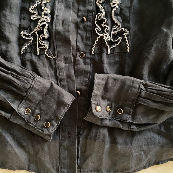 Zimmerman Button Down Ruffle Black White Ramie Blouse Shirt Top Size O - Picture 8 of 9